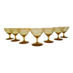 Mid-Century Amber Etched Optic Glass Coupes, Set of 7