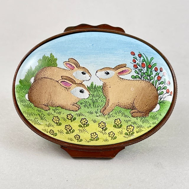 From Halcyon Days, a Bilston enamel trinket box shaped as a rabbit, Stoke-on-Trent, England, circa 1970-1980s. Established...