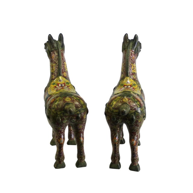 Brown Chinese Brown Enamel Cloisonne Metal Horse Figures - a Pair For Sale - Image 8 of 10