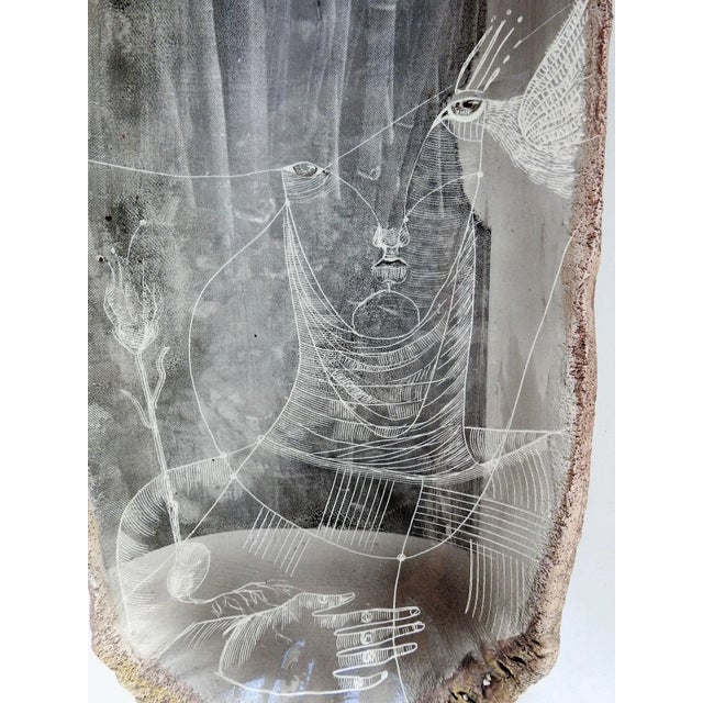 Vintage abstract clay portrait bowl by Alejandra Almuelle (Peru, American). Textured clay bowl with sgraffito drawing of...