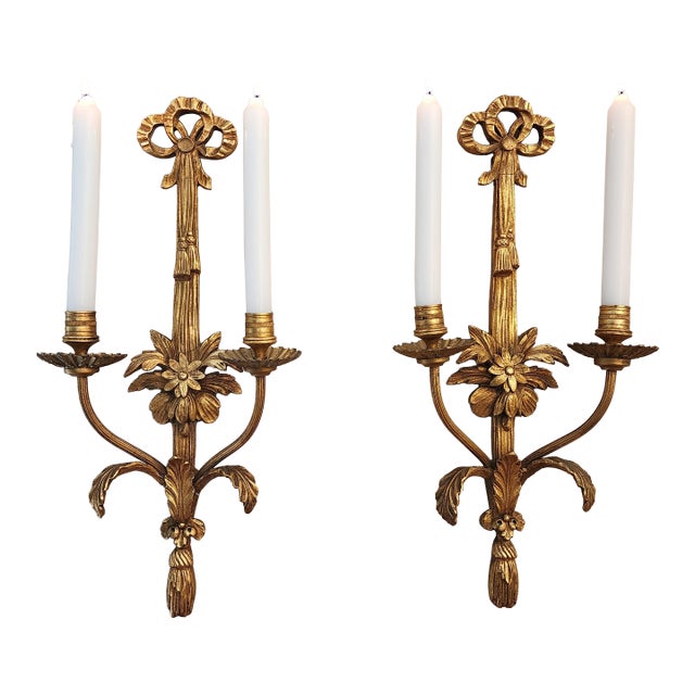 Vintage Pair of Friedman Brothers New York Louis XVI Style Gilt Gesso Wall Sconces For Sale