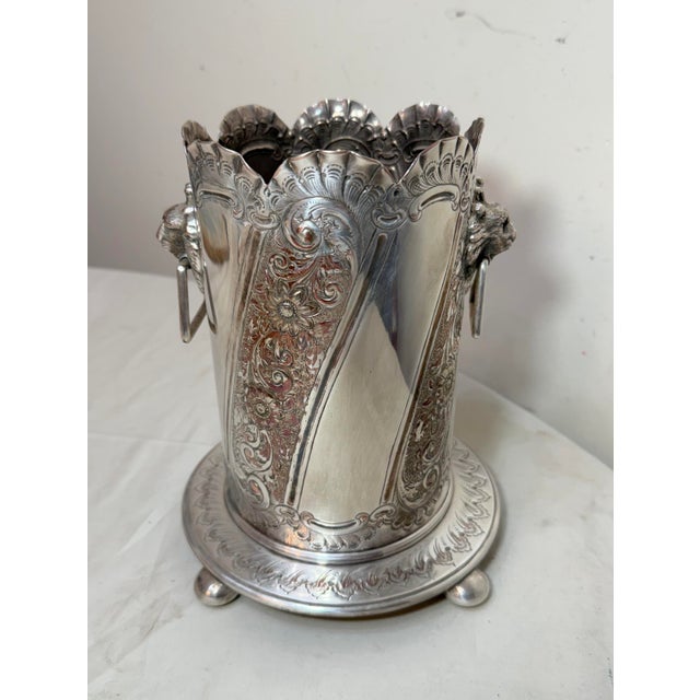 Metal Antique 1800's Tooled Silverplate Lion Handles Champagne Wine Chiller Ice Bucket For Sale - Image 7 of 14