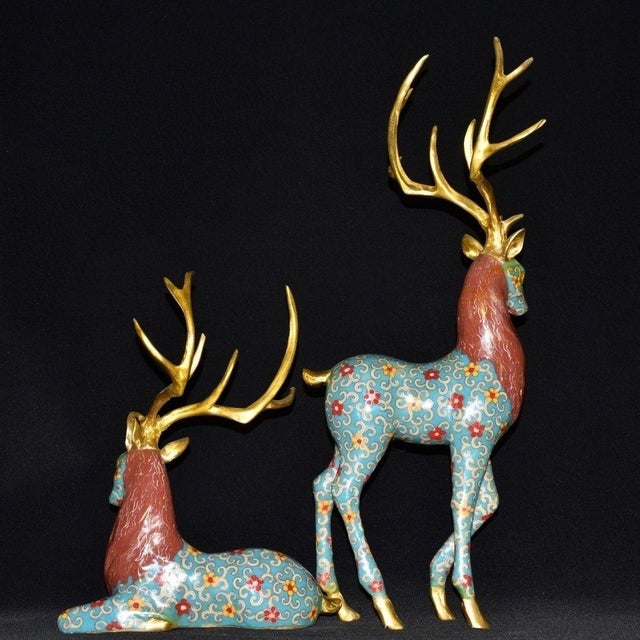 Pair of Vintage Cloisonne Enamel Deer Figures – Gilt Spotted Deer Sculptures For Sale - Image 4 of 9