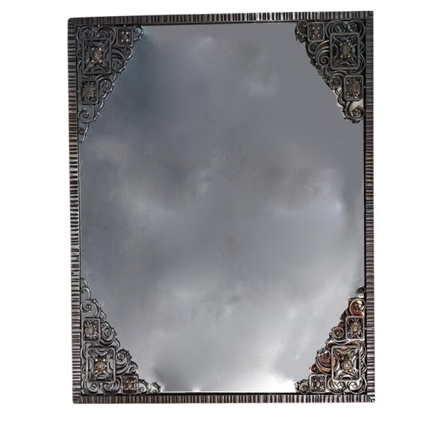 Charles Piguet Magnificent Hand Hammered Iron & Brass Inlaid French Art Deco Mirror For Sale - Image 4 of 17