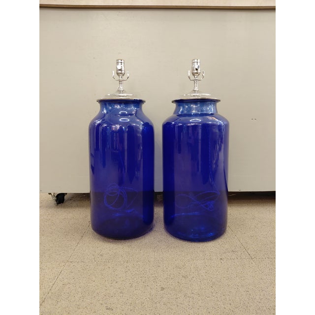 Late 20th Century Vintage Cobalt Blue Glass Jar Table Lamps - a Pair For Sale - Image 5 of 6
