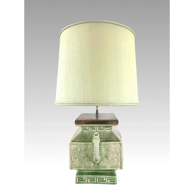 Large Celadon Crackle Ware Double Dragon Handled Converted Temple Censer Table Lamp (Artist Signed) For Sale In Tampa - Image 6 of 14