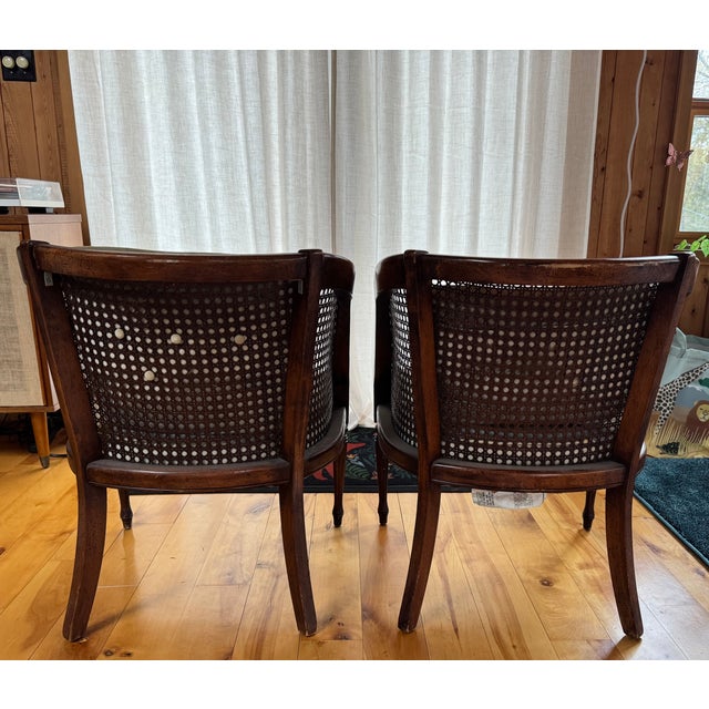 Pair of Vintage Cane Barrel Back Armchairs – French Regency Style, Calais Finish For Sale In New York - Image 6 of 6