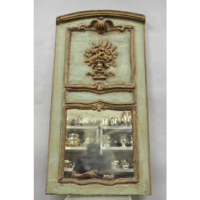 Antique 18th C. French Louis XV Baroque Style Green Distress Painted Trumeau Wall Mirror with Gesso Gilding and Original...
