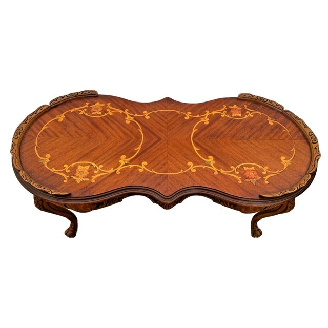 Italian Vintage Oval Shaped Coffee Table Italian Marquetry Floral Inlay Parquetry For Sale - Image 3 of 12
