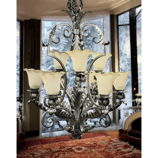 Mid 20th Century French Art Deco 9-Light Hand-Forged Wrought Iron Acanthus Chandelier For Sale - Image 13 of 18