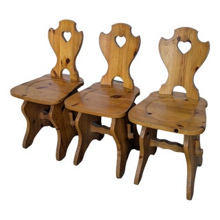 Vintage Tyrolean Wooden Heart Cut-Out Backrest Farmhouse Chair, 1970s, Set of 3 For Sale