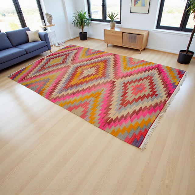 Turkish Handmade Rug Diamond Pattern Vintage Kilim Rug For Sale - Image 4 of 17