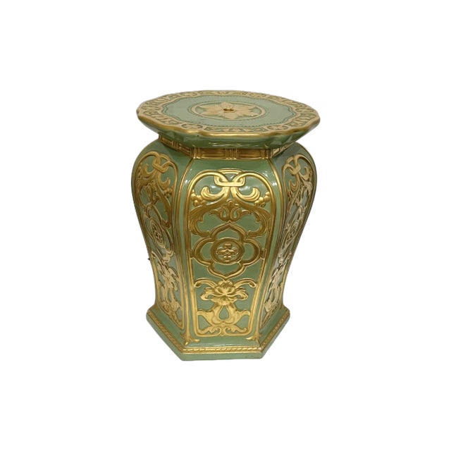 Early 20th Century Large Antique English Green and Gilt Ceramic Jardiniere & Pedestal For Sale - Image 4 of 12