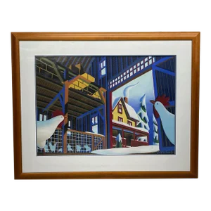 Original Wade Zahares 'Barnyard Chickens in Winter' Pastel Illustration Painting