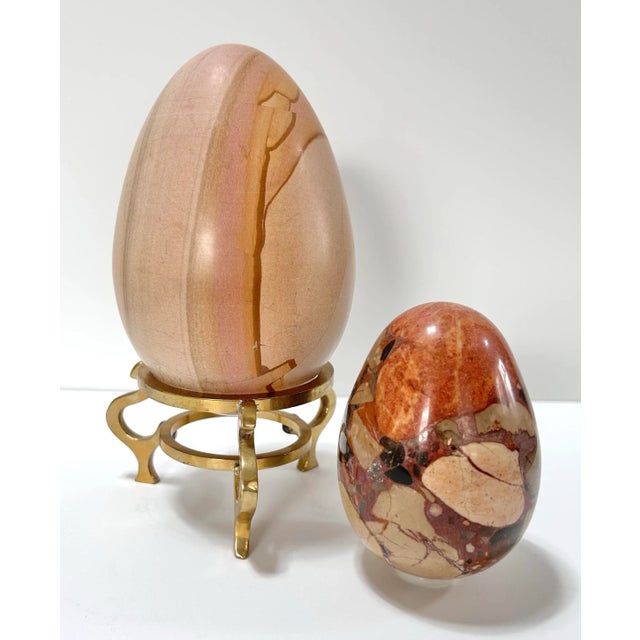 Large Vintage Polished Stone Eggs With Brass Stand – Pair For Sale - Image 4 of 7
