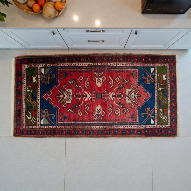 Hollywood Regency 1970s Hand Knotted Turkish Rug Door Mat, Entryway Rug, Bath Mat, Kitchen Decor, Small Rug - 22″ × 44″ For Sale - Image 3 of 14