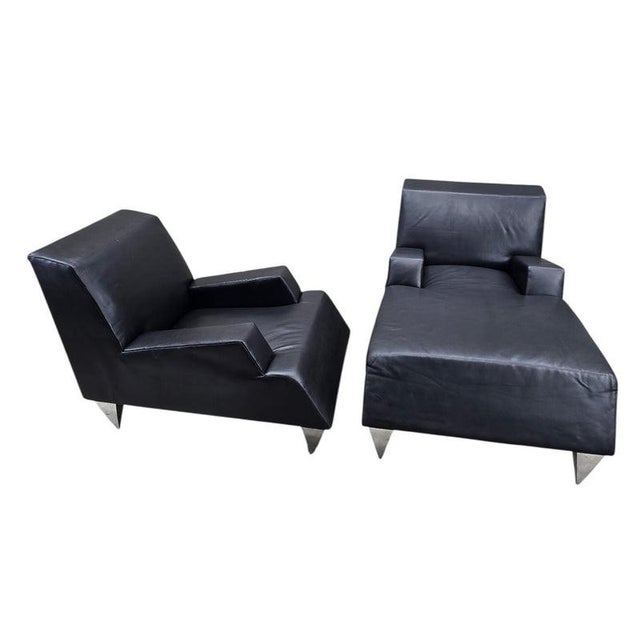 Vintage Modern Black Leather Lounge Chair and Chaise, 2-Piece Set by Catherine Chanicci for Reupholstery A striking...