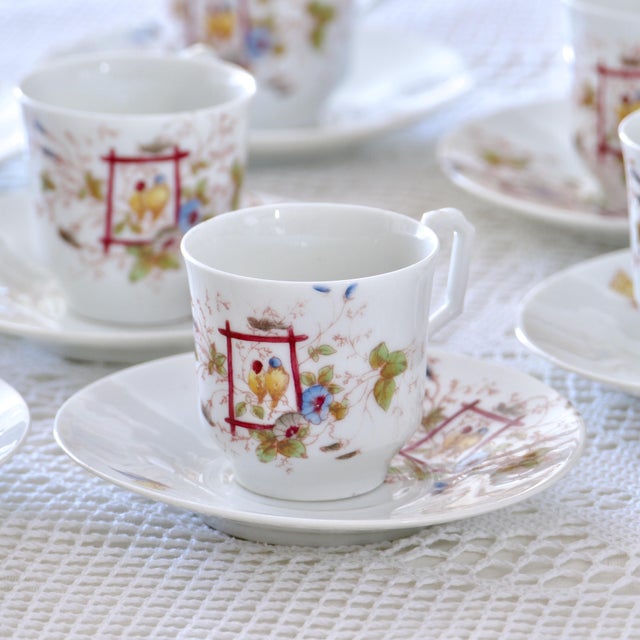 Service of Polychrome Porcelain Cups with Bird Decoration, 1920s, Set of 8 For Sale - Image 3 of 6
