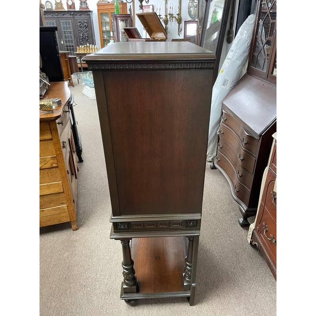 Wood Antique 1920's Hand Carved Walnut Bar Cabinet, Jacobean Revival, Refinished For Sale - Image 7 of 10