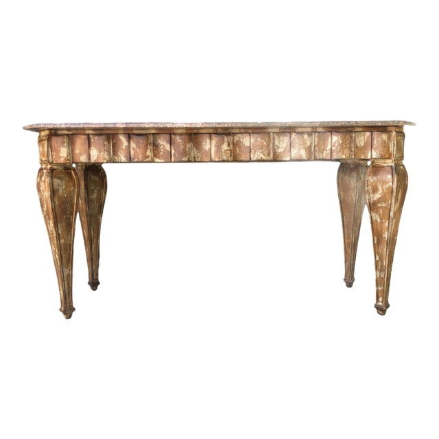Vintage Hollywood Regency Faux Tortoise Marble Top Oversized Console For Sale