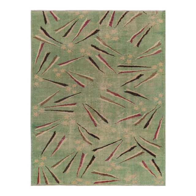 1960s Vintage Zeki Muren Art Deco Rug in Green With Geometric Patterns For Sale