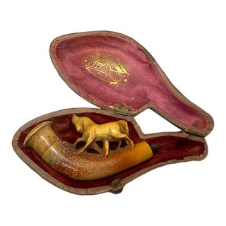 Antique 1800s Hand Carved Horse Meerschaum Smoking Pipe With Hard Case Sculpture For Sale