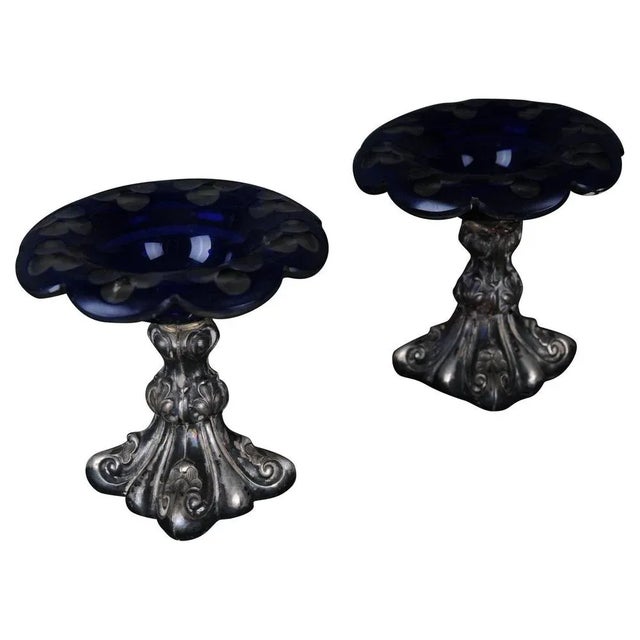 Antique Silver Caviar Bowls in Blue Glass, Set of 2 For Sale - Image 11 of 11