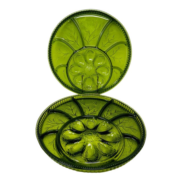 1960s Indiana Glass Green Deviled Egg and Relish Platter/Serving Tray For Sale