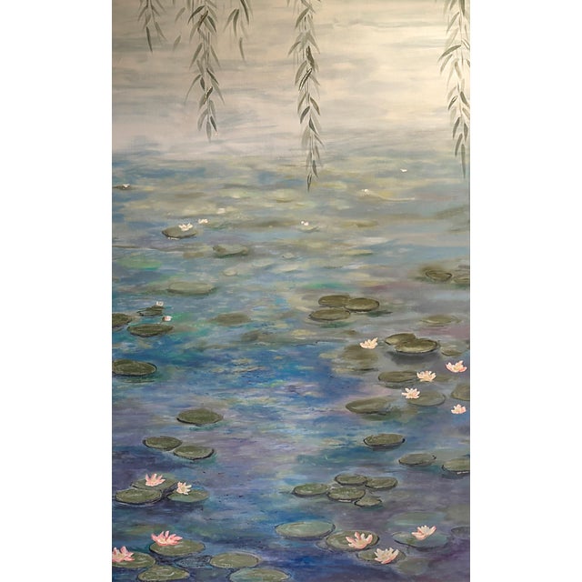 Royal Blue Hand Painted Canvas Panel of Monet’s Waterlilies 1 For Sale - Image 8 of 12