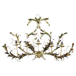 Large Italian Tole Leaves Wall Light with Colorful Porcelain Flowers, 1970 For Sale
