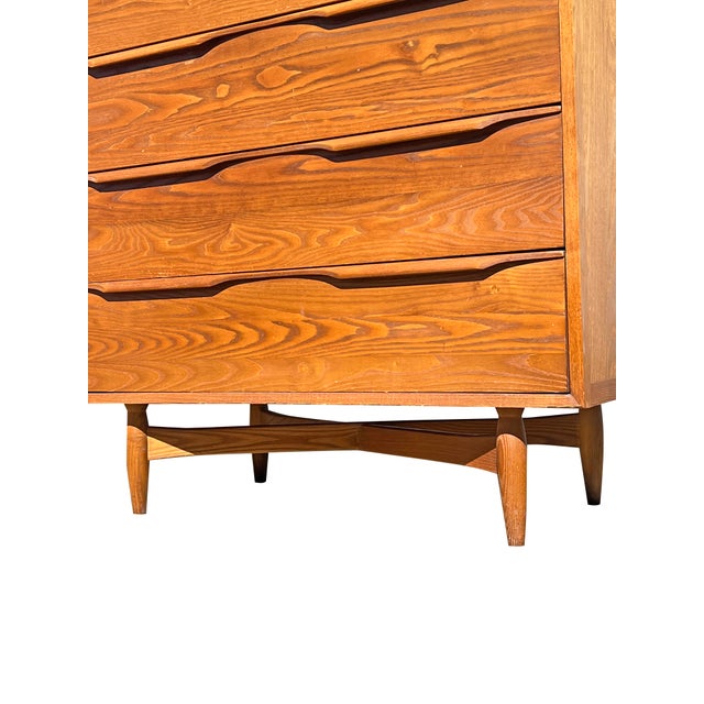 Vintage Mid Century Modern Oak and Cane Floating Highboy Tall Dresser Chest of Drawers For Sale - Image 10 of 11