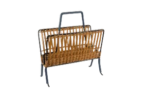 Stitched Leather and Rattan Magazine Rack by Jacques Adnet, 1950s