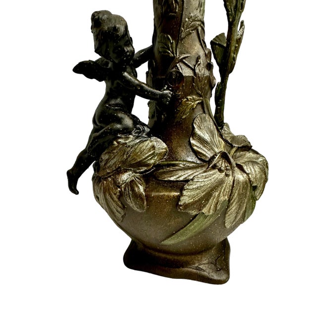 Bronze A Pair of French Centennial Art Nouveau Pewter and Bronze Carved Vases For Sale - Image 8 of 10