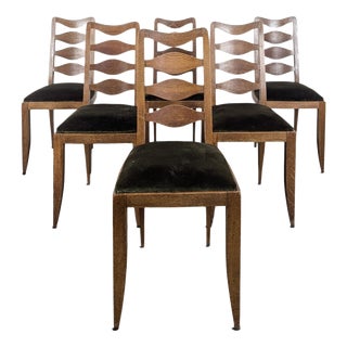 Oak Chairs with Diamond-Patterned Backs and Green Velvet Upholstery, 1940s, Set of 6 For Sale