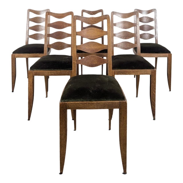 Oak Chairs with Diamond-Patterned Backs and Green Velvet Upholstery, 1940s, Set of 6 For Sale