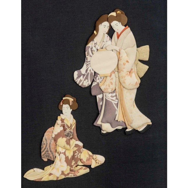 Black Japanese Figural Group Padded Silk Oshi-E Collage For Sale - Image 8 of 10