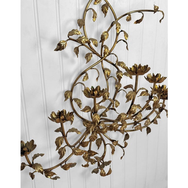 1970s Vintage 47" Italian Rococo Gold Gilded Floral Vine Wall Hanging Candle Sconce For Sale - Image 5 of 9