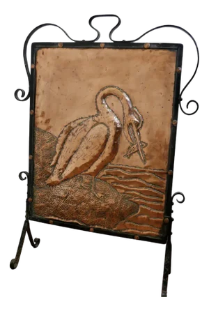 Arts and Crafts Stork and Fish Copper and Iron Fire Screen