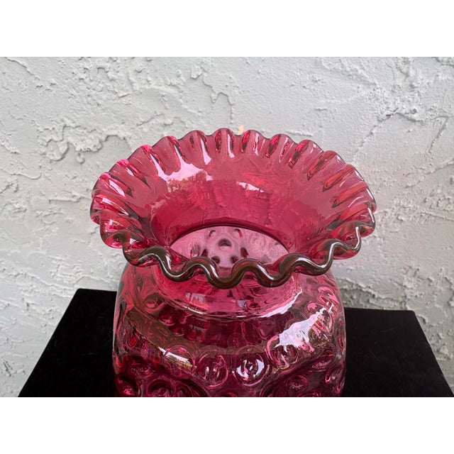 Red Vintage Fenton Cranberry Pinch Coin Dot Overlay Art Glass Vase With Ruffled Rim – 8.25” For Sale - Image 8 of 11