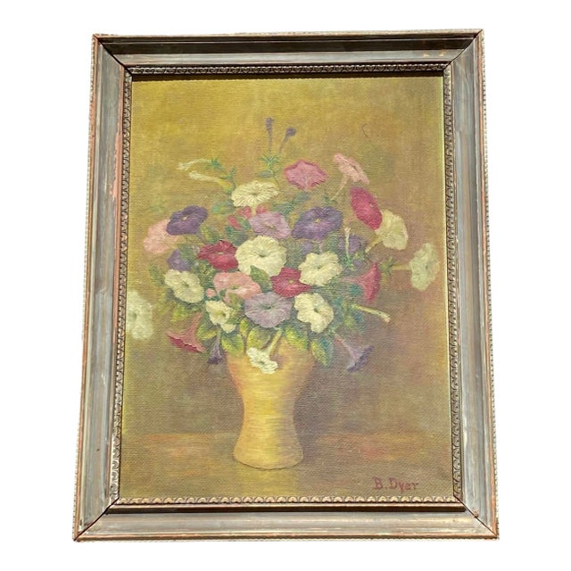 Early 20th Century “Petunias Floral Still Life” Oil Painting on Board Artist B Dyer For Sale