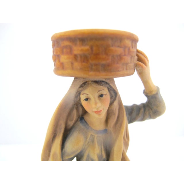Anri Italy Ulrich Bernardi hand carved and meticulously hand painted, nativity figurine of female Shepherd with fruit...