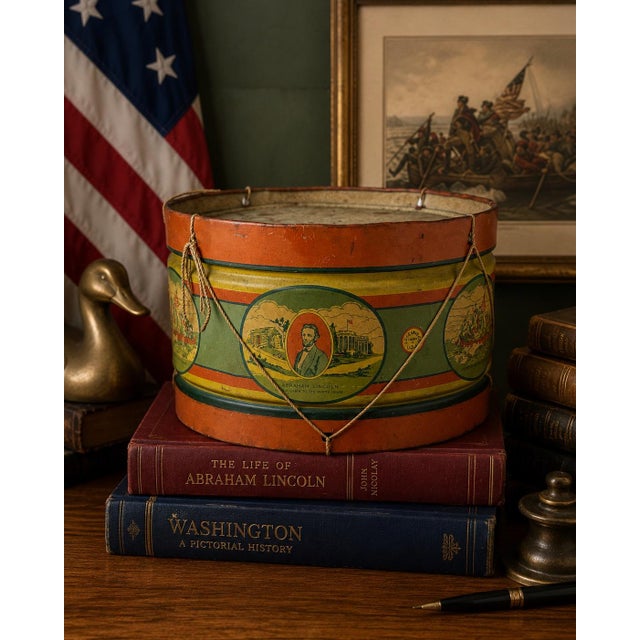 Rare Vintage J. Chein & Co. Patriotic Tin Lithograph Toy Drum | Abraham Lincoln Americana Folk Art Decor For Sale - Image 12 of 12