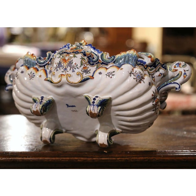 Ceramic Mid-Century French Louis XV Hand Painted Faience Oval Jardinière From Rouen For Sale - Image 7 of 10