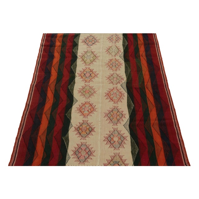 Traditional Vintage Qashqai Persian Kilim in Beige With Multicolor Motifs and Red Stripes For Sale - Image 3 of 7