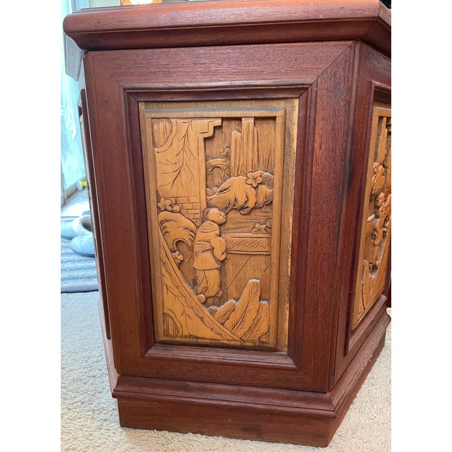 Wood Chinese Carved Hexagonal End Table Cabinet With Glass Top For Sale - Image 7 of 9