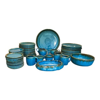 Set of 58 Pieces Mid Century California Pottery Table Service, Dishes, Cups, Bowls, Signed For Sale