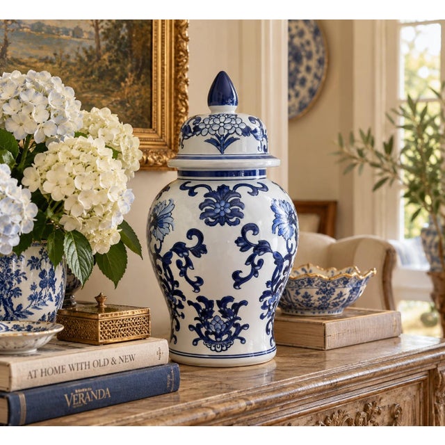 A classic blue and white ginger jar, decorated throughout with delicate Chinese floral motifs. The pattern is dense yet...