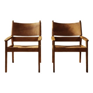 Vintage Wooden Armchairs with Leather Upholstery, 1940s, Set of 2 For Sale