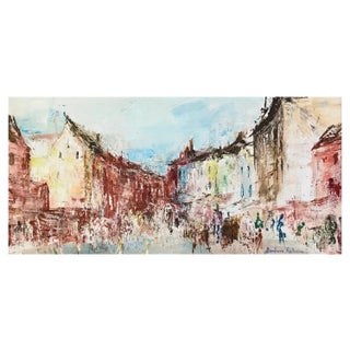 Barbara Robinson, Village Square, Coggeshal, Oil on Canvas For Sale