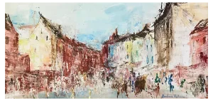 Barbara Robinson, Village Square, Coggeshal, Oil on Canvas